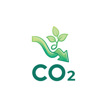 Gradient green co2 emission reduction with leaves and downward arrow on a plain white background, for ecology