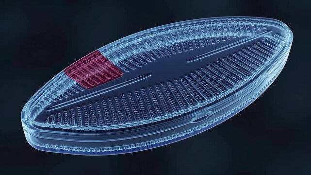 3D Render of a Diatom Microorganism with Glowing Red Section. Microscopic View of a Single-Celled Algae, Highlighting its Intricate Structure and Biological Features in a Digital Scientific Context.