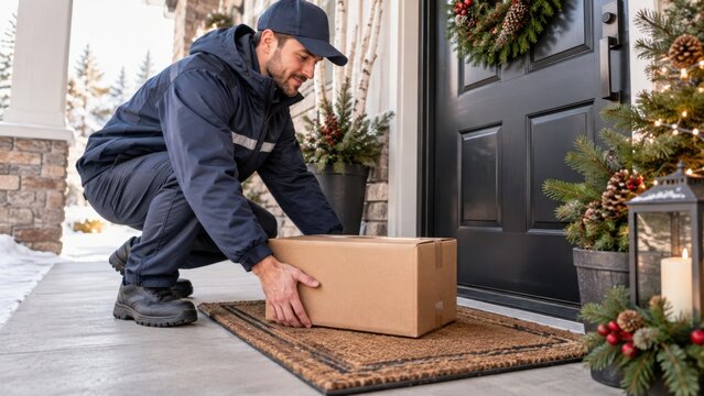 Delivery worker placing a cardboard package at a decorated front door with Christmas wreath, evergreen branches, snow and winter porch setting