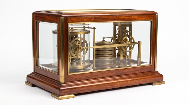 Vintage Marine Barograph with Wooden Enclosure and Intricate Brass Clockwork Mechanism