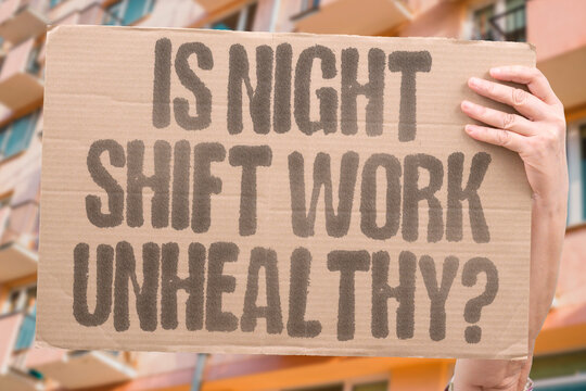 "Is night shift work unhealthy?" Asks whether overnight jobs harm long-term health. NIGHT. SHIFTWORK. HEALTH. SLEEP. RISKS.
