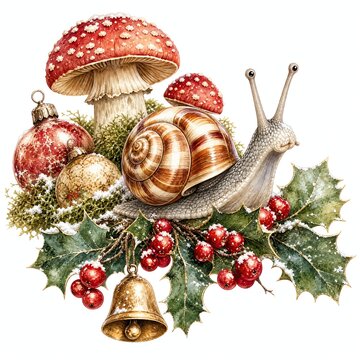 Vintage Christmas Snail Crawling on Holly Sprig with Gold Bell