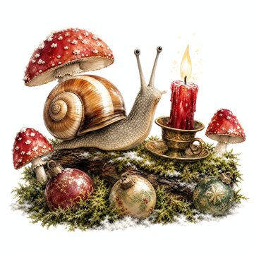 Vintage Christmas Snail Beside Red Candle in Brass Holder on Log