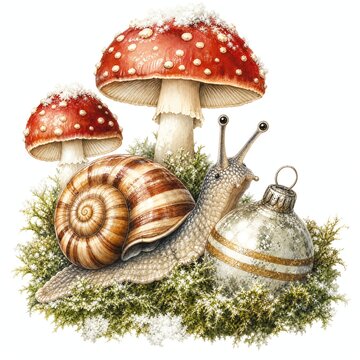 Vintage Christmas Snail Beside Silvered Glass Bauble in Moss Nest