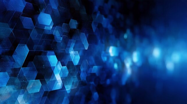 Glowing blue hexagonal bokeh particles on darkness for digital branding wallpaper and web design.