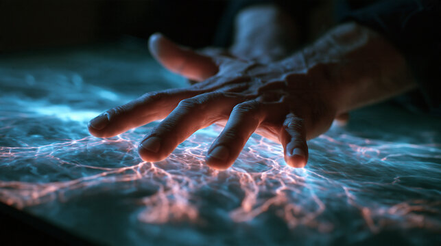 Hand Touching Glowing Digital Neural Network Surface