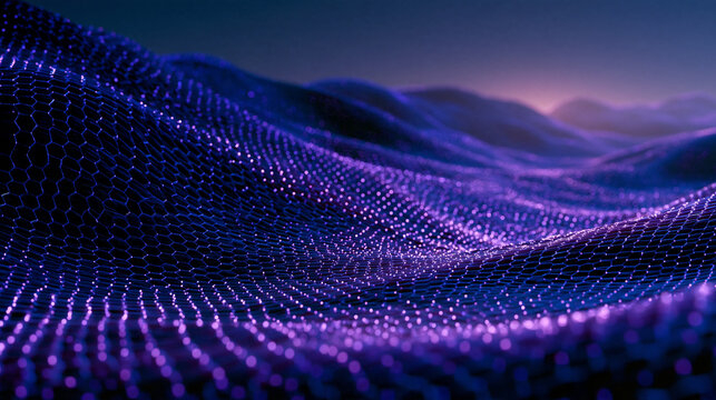 Futuristic Digital Wave Landscape with Glowing Hexagonal Grid