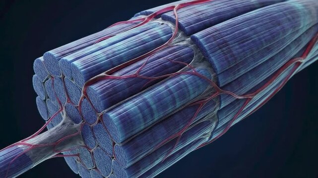 Detailed 3D rendering of human muscle fibers with connective tissue and blood vessels, illustrating anatomical structure and biological complexity.