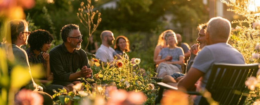 Two Souls, One Living Garden, a mature couple and their diverse circle of friends sharing a joyful garden gathering, different body types, skin tones and gender expressions represented naturally,