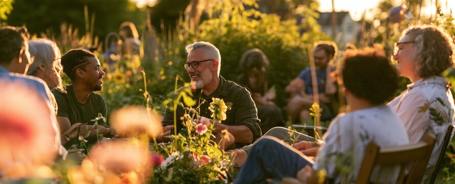 Two Souls, One Living Garden, a mature couple and their diverse circle of friends sharing a joyful garden gathering, different body types, skin tones and gender expressions represented naturally,