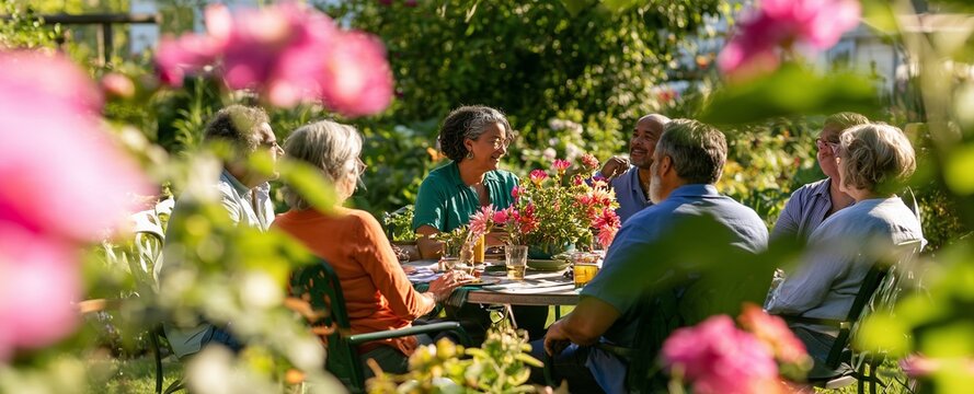 Two Souls, One Living Garden, a mature couple and their diverse circle of friends sharing a joyful garden gathering, different body types, skin tones and gender expressions represented naturally,