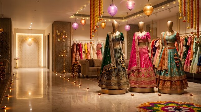 Navratri fashion sale banner with traditional lehenga mannequins and decor