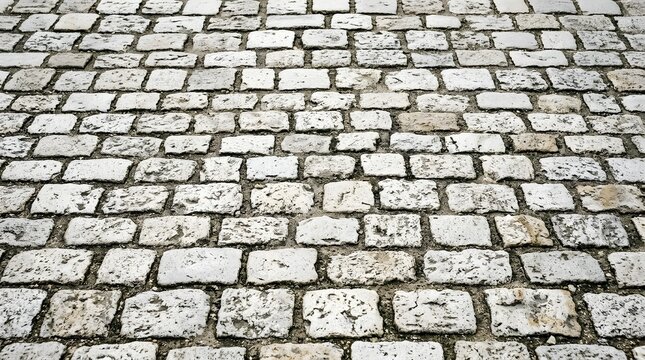 Old European cobblestone street background with weathered white stone blocks paving an ancient pathway for pedestrian walks and historical architecture design