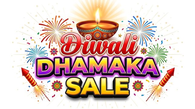 Diwali dhamaka sale announcement with colorful fireworks and a traditional diya lamp, promoting special offers and discounts during the festive season