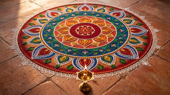 Traditional rangoli design with brass diya for diwali celebration on wooden floor
