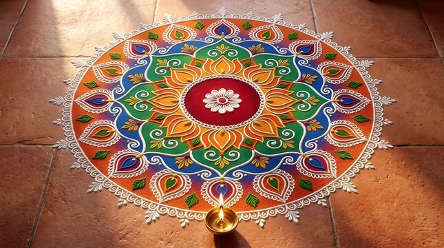 Traditional rangoli design with brass diya for diwali celebration on wooden floor
