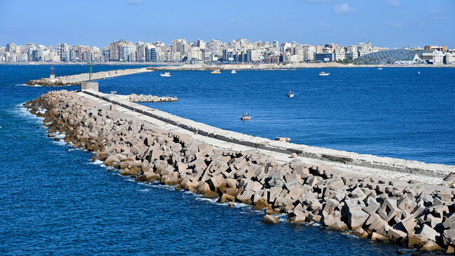 The Port of Alexandria, Egypt with Cityscape and Library of Alexandria in Upper Right