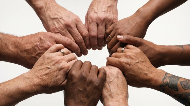 Diverse group of people from different ethnicities and generations joining hands in a circle to symbolize unity, inclusion, and teamwork on a white background