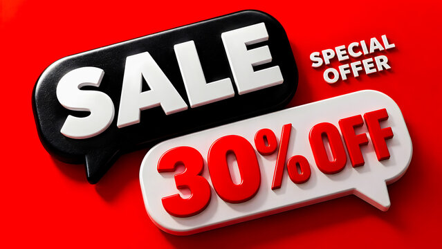 Bold 3d render typography presenting massive clearance event with stylish black and white speech bubbles displaying special discount promotion against vibrant red background for retail marketing campa