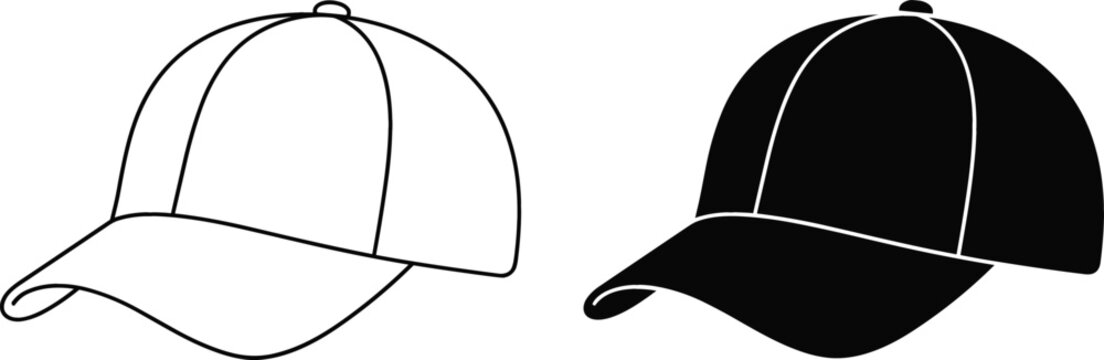 Baseball cap template mockups showing black silhouette and outline version side by side isolated on white vector
