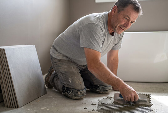 Tile setter spreading mortar with a notched trowel on a floor