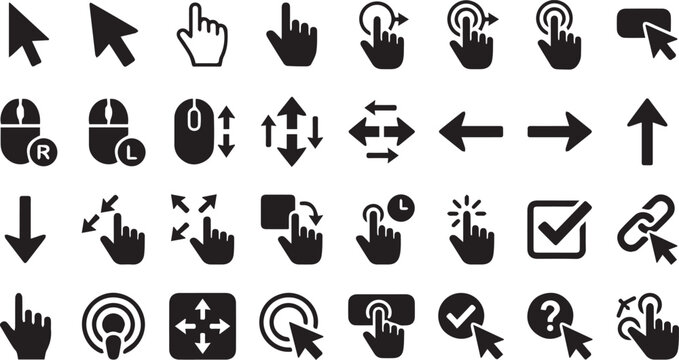 Cursor Mouse Touch Gesture Click Solid Glyph Icons Set for Web App UI Vector