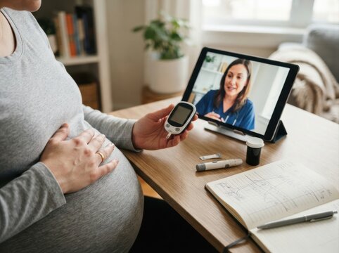 gestational diabetes telehealth consultation Pregnant woman consulting a healthcare professional via video call about diabetes.