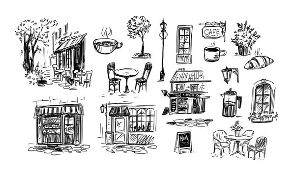 Cafe and street elements line art set. Hand drawn ink sketch of outdoor restaurant tables, coffee cups, croissants, store fronts,   isolated on white background.
