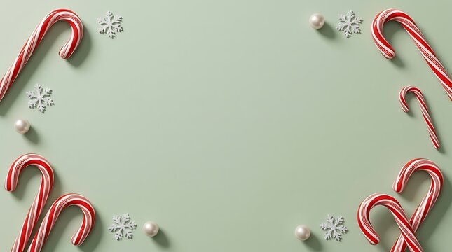 Christmas candy canes and snowflakes arranged as a frame on a green background with cane decoration holiday flat lay