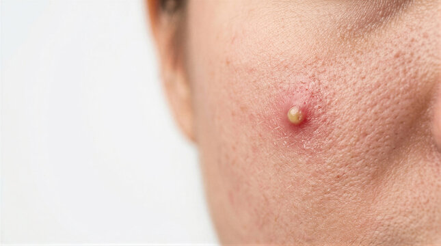 Close-up of inflamed pimple with pus on womans cheek. Acne and skin blemish macro detail on white background with copy space. Dermatology and skincare problem. Facial treatment and skin