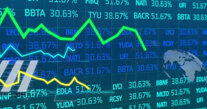 Displaying glowing green cyan yellow line charts and tickers on trading display