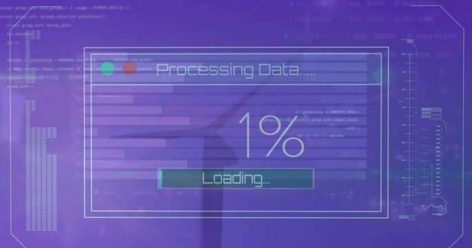 Displaying transparent HUD overlaying purple gradient, showing Processing Data header, 1% loading