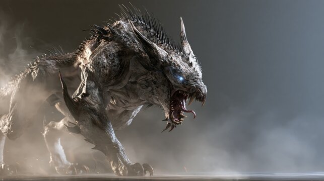 Growth of a ferocious fantasy dragon creature with glowing blue eyes and spiked scales roaring through misty cinematic environment