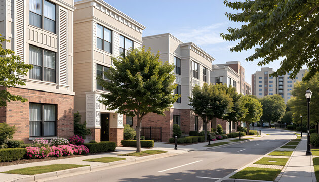 Modern residential apartment buildings with brick facade and green trees on street