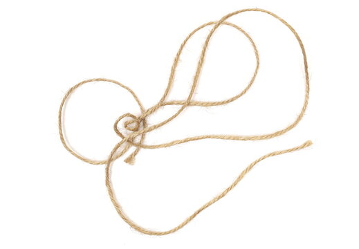 Natural jute rope, rustic twine string isolated on white background texture, top view	