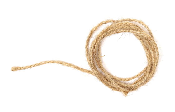 Natural jute rope, rustic twine string isolated on white background texture, top view	