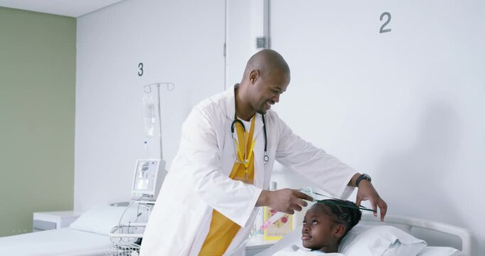 African American white coat doc placing O2 mask fixing tube watching teen patient breathing in ward