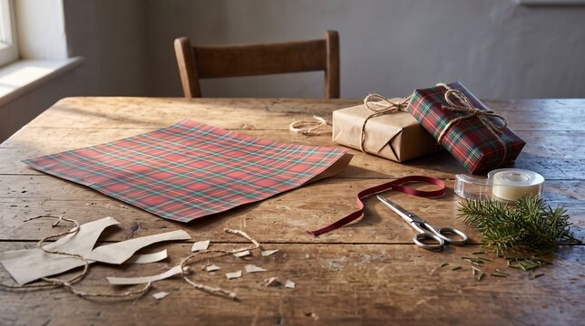 Rustic wooden table set with tartan wrapping paper and gifts for holiday station featuring packaged presents, scissors, ribbons, and pine sprigs for seasonal crafts and decor.