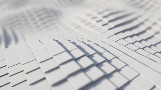 Looped 3D animation, white cubes rising and falling in waves. Abstract minimal cycled background