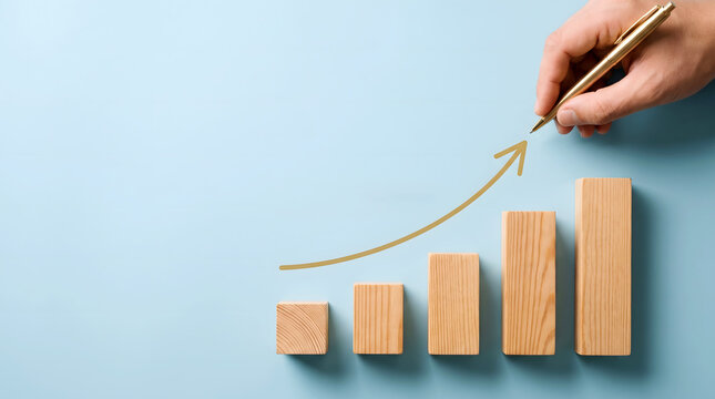 Hand holding a pen draws an upward trend arrow over wooden blocks representing a financial chart.