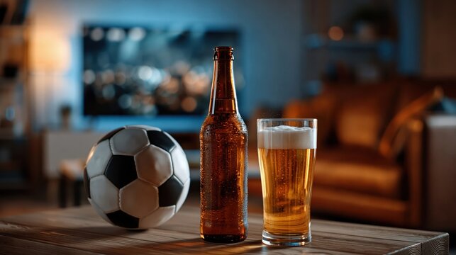 Cold Beer Bottle Mockup with Foamy Lager Glass and Soccer Ball on Table in Cozy Living Room