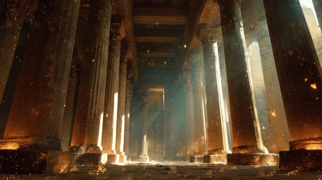 Ancient Egyptian Temple Interior with Massive Hieroglyphic Columns and Golden Sunlight Illuminating Mysterious Sacred Hall