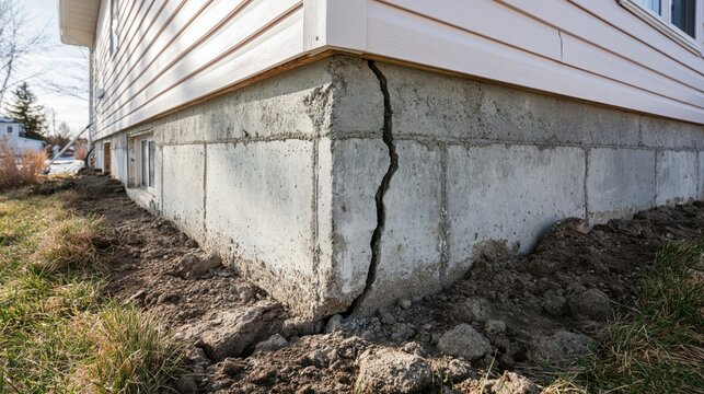 Large Vertical Crack in Concrete House Foundation Corner Showing Structural Damage and Potential Foundation Settlement