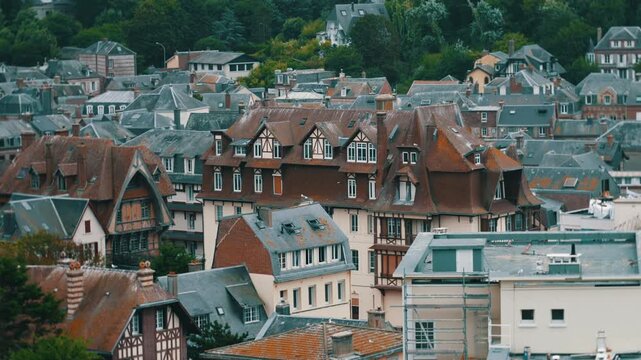 Traditional Norman houses with steep rooftops in Etretat France