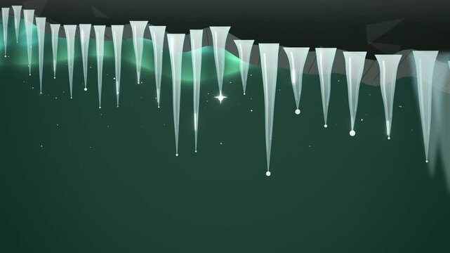 Green icicles under a rock ledge with northern lights tilted view