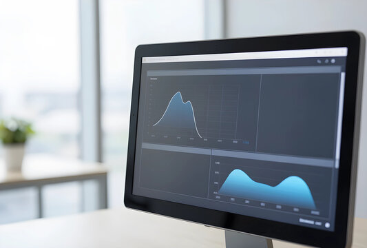 Data analytics and business intelligence, computer monitor showing financial charts and performance metrics in a modern office workspace environment