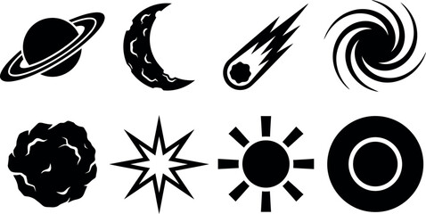 Celestial bodies vector icon set featuring planet saturn moon comet galaxy star sun and cosmos symbols isolated on white © Sourav