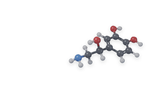 Noradrenaline (norepinephrine) molecule, 3D ball-and-stick model isolated on white background