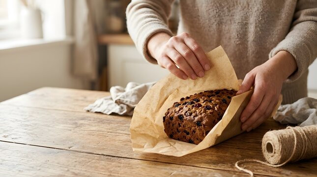 Hands wrapping a freshly baked fruitcake in parchment paper on a rustic wooden table with twine