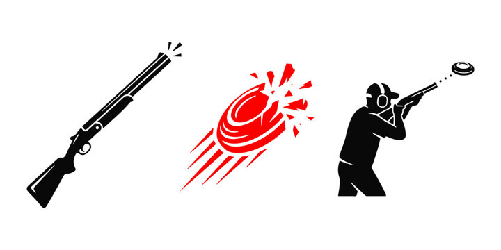 Clay pigeon shooting icons show shotgun target and sport shooter